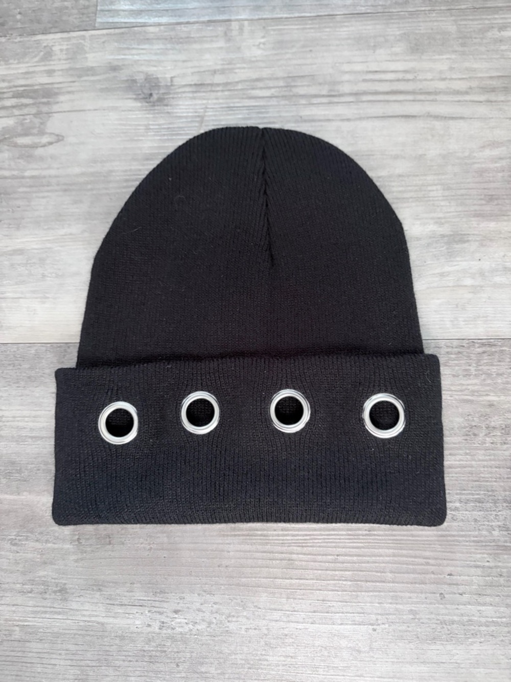 black and silver grommet beanie